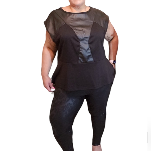 Worthington Ponte and Faux Leather Sleeveless Peplum Blouse - Picture 2 of 4